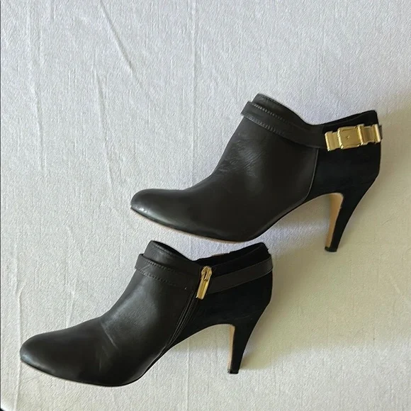 EUC Vince Camuto Black Heeled Boots with Gold Buckle - Picture 2 of 8